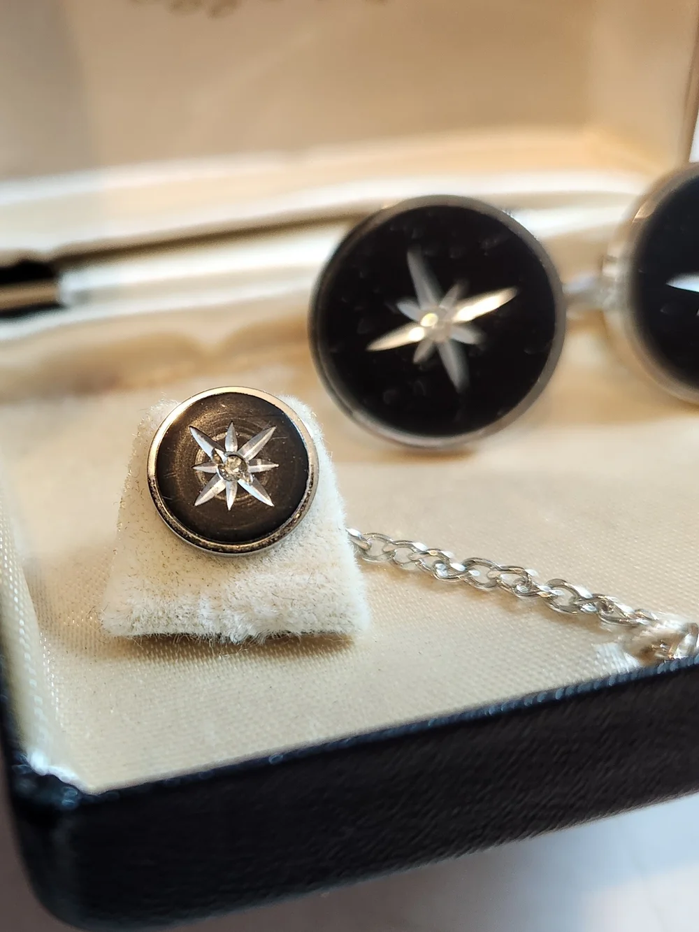 Vintage Anson Black Onyx Starburst Cufflinks and Tie Tack Set